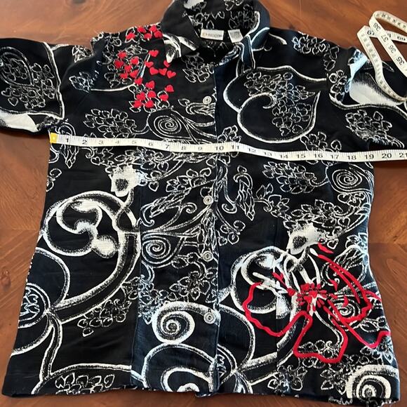 Chico’s 0 Black, White & Red Print Jacket Woman Size 4 Linen Blend Button Front - Picture 8 of 10